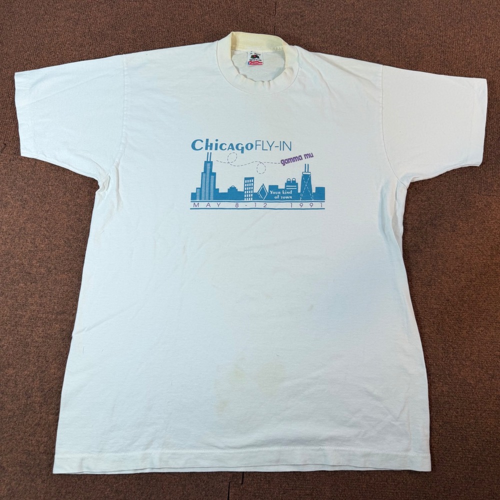 Vintage 1991 Chicago Fly-In Gamma Mu T-Shirt Mens XL White Graphic 90s USA Made